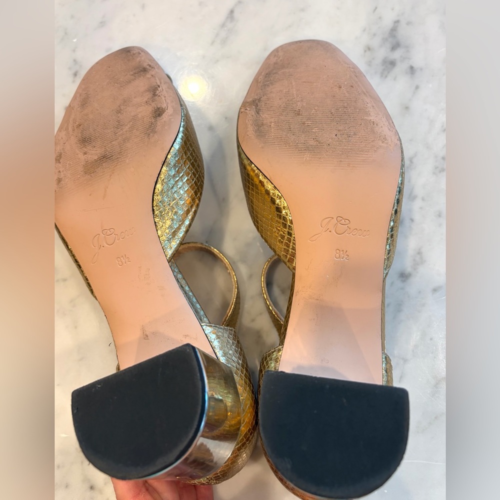 J Crew Millie maryjane heels, snake-embossed gold leather, silver cap toes,8.5 - Picture 14 of 16